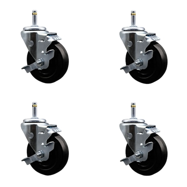 4'' Hard Rubber Wheel Swivel 7/16'' Grip Ring Stem Caster Set with Brake, 4PK